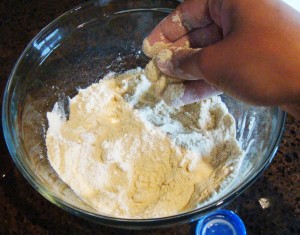 Mix the flour, oil, mil and salt mixture coarsely with fingers